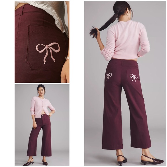 NWT Maeve Bow Pockets The Colette Bow Pocket Burgundy Crop Wide-Leg Ankle Pants